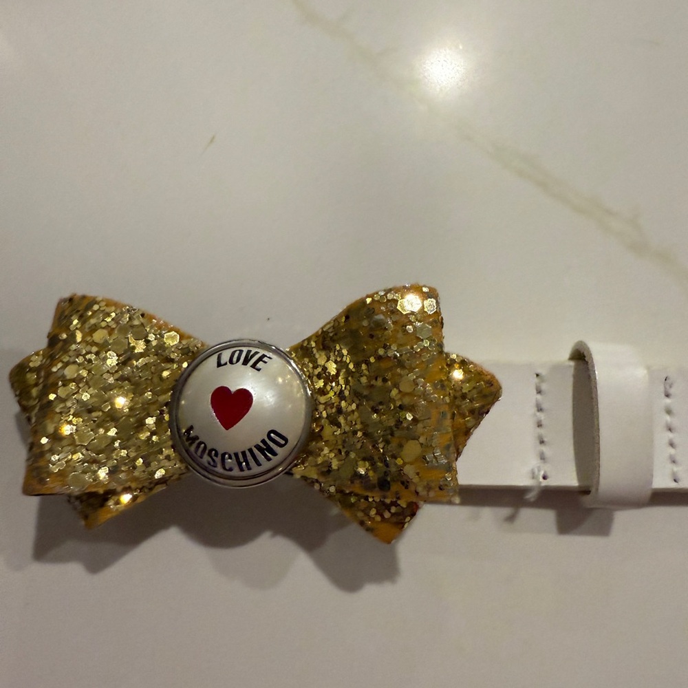 Love Moschino white leather belt with golden glitter bow buckle size 85